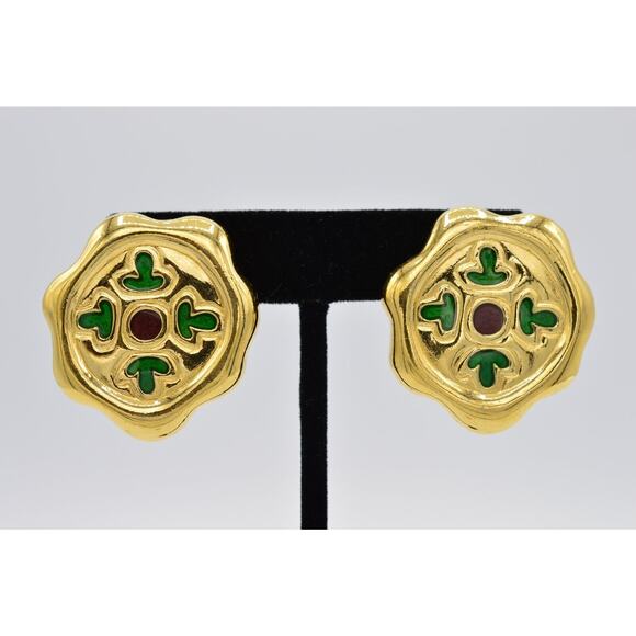 Givenchy Vintage Clip On Earrings Chunky Gold Green Red Enamel Signed 1980s BinX - Picture 1 of 12